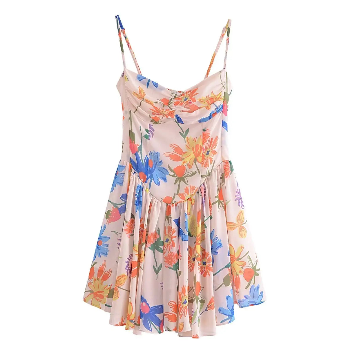 Women Party Skater Short Sling Robe Vestido Sexy Orange Flower Print Ruched Chest Corset style Spaghetti Strap Mini Dress