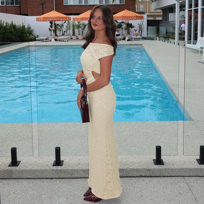 Off Shoulder Floral Lace Asymmetric Neckline Bodycon Maxi Dress