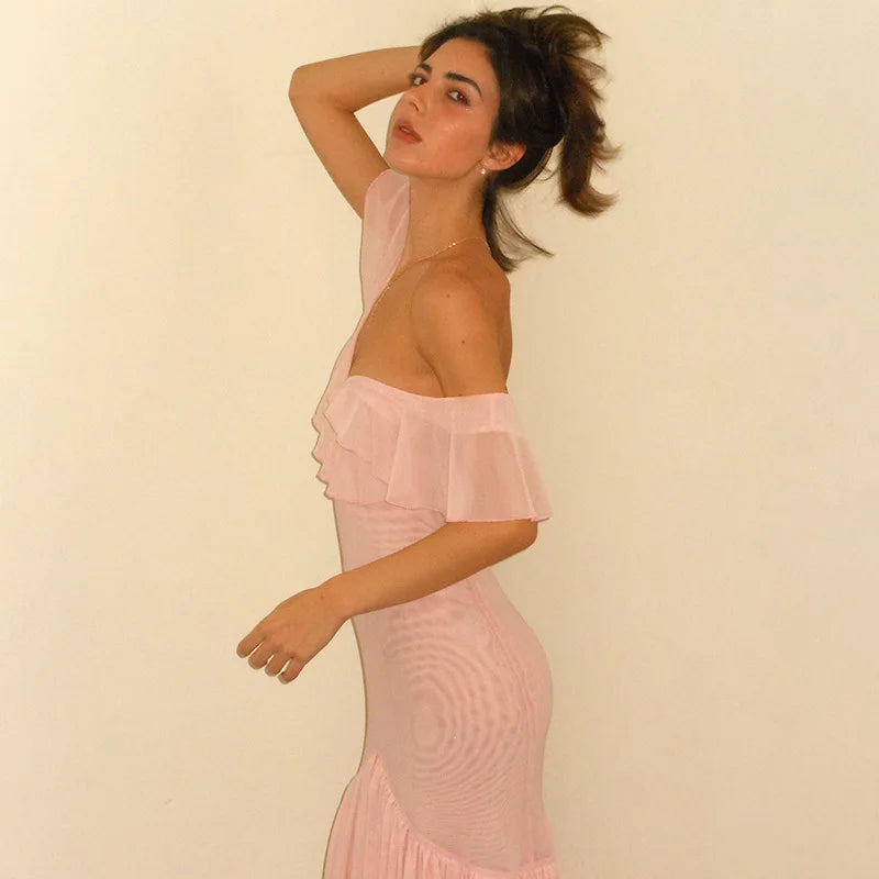 Mesh Patckwork Ruffled Edge Tank Maxi Dress Women V-neck Backless Irregular Waist Cinching Slim Long Dress Party Clubwear