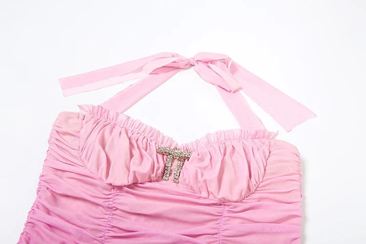 Folds Gradient Dress Women Halter Bandage Multilayer Ruffles Metal Trim Low-Neck Sleeveless Backless Summer Mini Bodycon