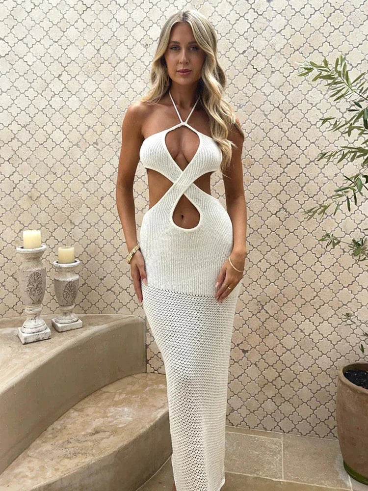 Halter Criss Cross Cutout Ribbed Crochet Pointelle Side Slit Maxi Dress