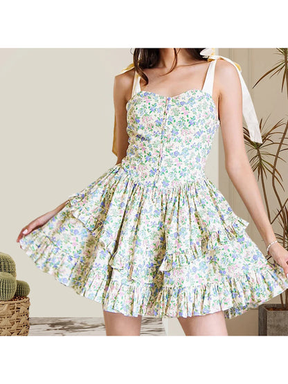 Elegant Sleeveless Floral Print Mini Dress with Bow Tie Shoulder Detail and Flirty Ruffle Hem - A Line Swing Dress for Women