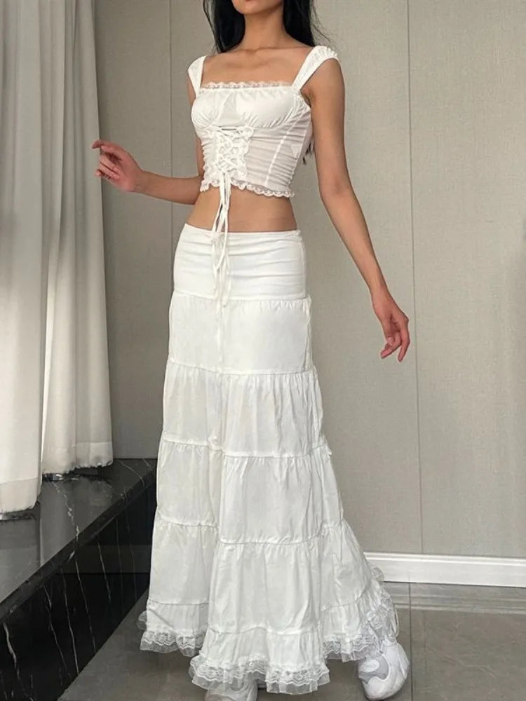 White Long Skirts High Waist Drawstring Casual Cake Skirt for Women Vintage Lace Patchwork Loose Folded Ladies Clothing