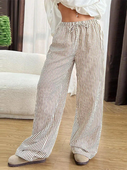 Striped Drawstring Wide Leg Pants Elastic Waist Lightweight Trousers for Summer Office Casual Vacation Wear Women Slack