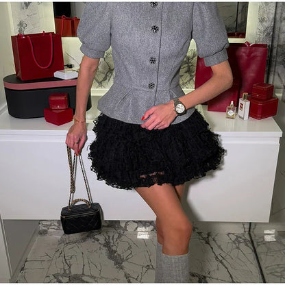 Puff Sleeve Button Front Peplum Lace Tiered Ruffle Skirt Set