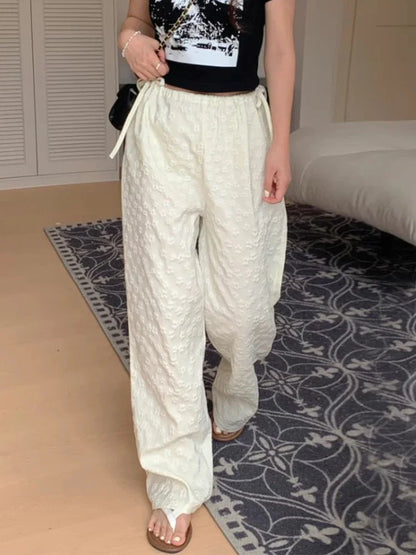 Casual South Korea Chic Spring Design Lace Up Bow High Waist Versatile Jacquard Casual Straight Pants Trousers Women