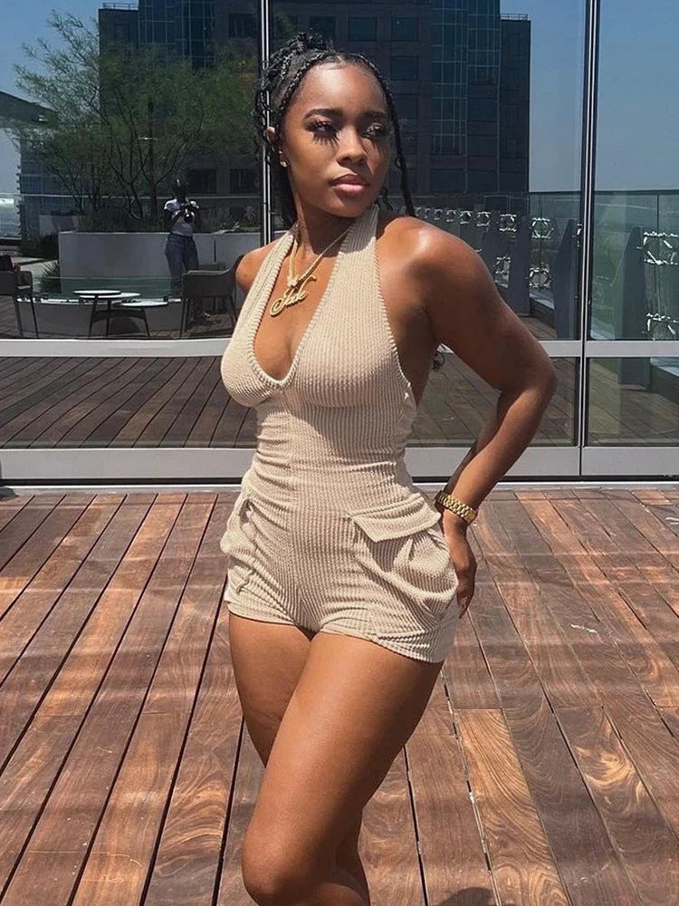 Casual Knitting Playsuit Sexy Halter Backless Rompers Basics Splice Pockets Hollow Vest Fall And Winter Women Streetwear