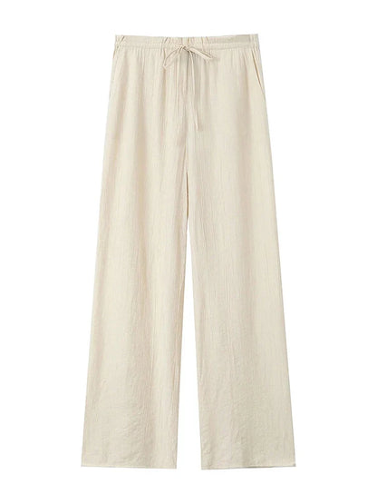 Drawstring Elastic Waist Wide Leg Summer Women Pants Beige Casual Loose Female Long Pantalones 2025 5 Colors Pants