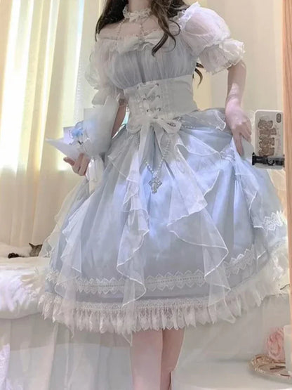 Light Blue Lolita Off-shoulder Neck Lace-up Dress Flower Wedding Elegant Gorgeous High Waist Short Sleeve Princess Dresses