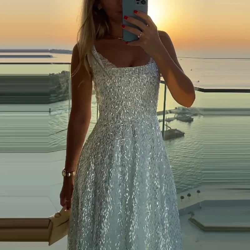 Fashion Temperament Sleeveless Evening Dresses Elegant Party High Waisted Pleated Dress Shiny Sequins Mesh Halter Long Dresses