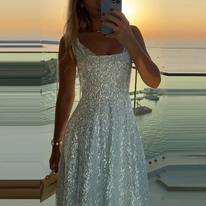 Fashion Temperament Sleeveless Evening Dresses Elegant Party High Waisted Pleated Dress Shiny Sequins Mesh Halter Long Dresses