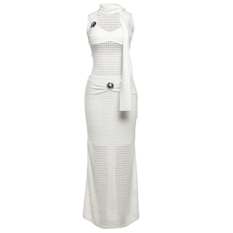 Elegant Sequined Patchwork 3 Piece Set Women Basic Scarf+Square Collar Tank Tops+Ruched Long Skirt Matching Trend Suits