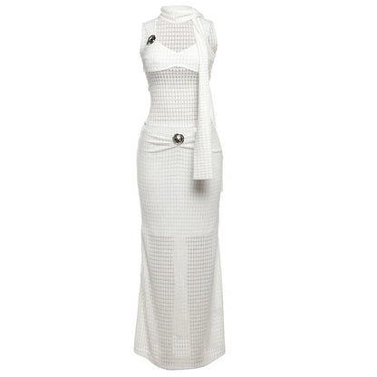 Elegant Sequined Patchwork 3 Piece Set Women Basic Scarf+Square Collar Tank Tops+Ruched Long Skirt Matching Trend Suits