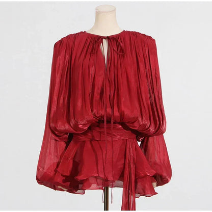 Keyhole Tie Neck Pleated Bishop Sleeve Tiered Ruffle Skirt Set