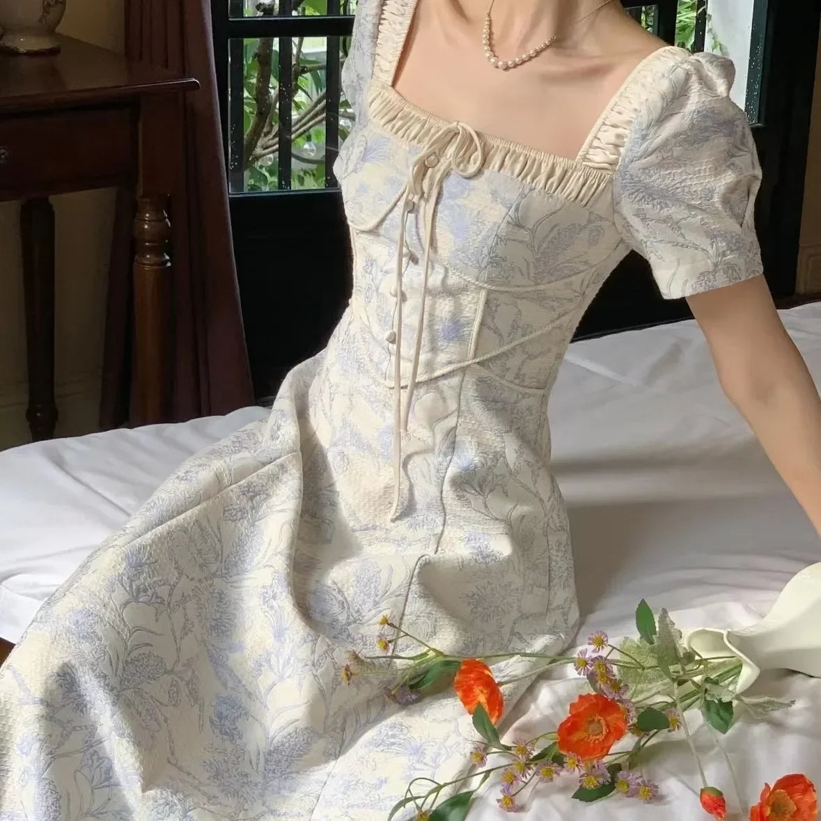 Summer New French Palace Style Sweet Dress Women Floral Print A-line Puff Short Sleeve Elegant Waist Slim Long Dresses