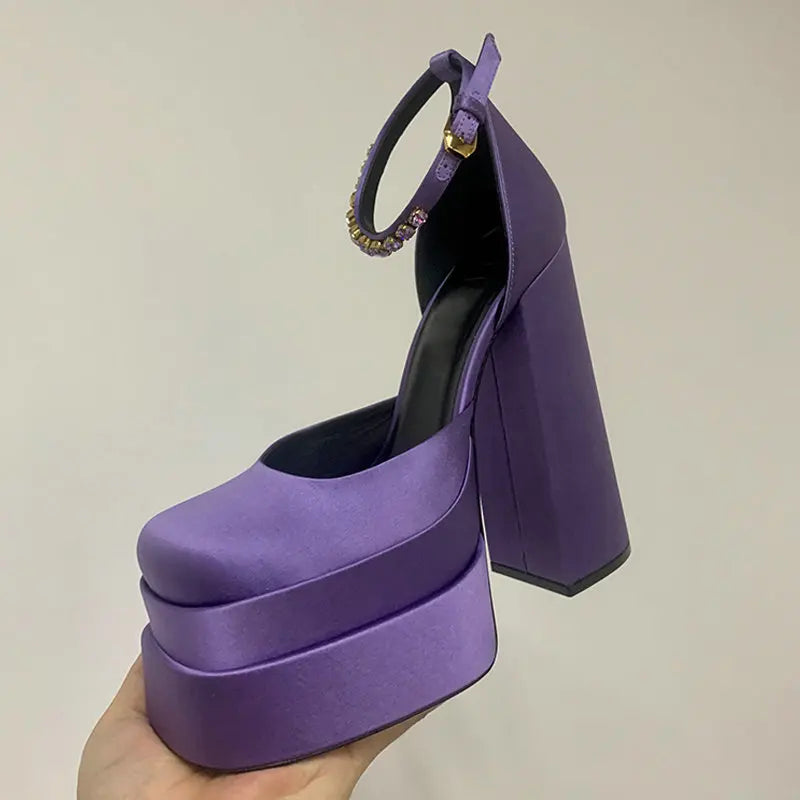 High Quality Satin Women Super High Heels Square Toe Platform Ankle Strap Party Wedding Shoes Mary Jane Chunky Heel Shoes