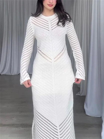 Chevron Mesh Panel Crew Neck Sleeveless Side Slit Knit Maxi Dress