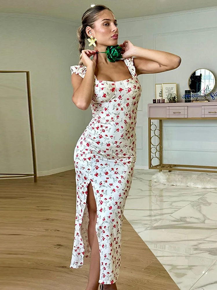 Printed Slit Backless Long Dress Women's Elegant Lace Contrast Color Slim Sleeveless Hip Summer Evening Dress Long Dress