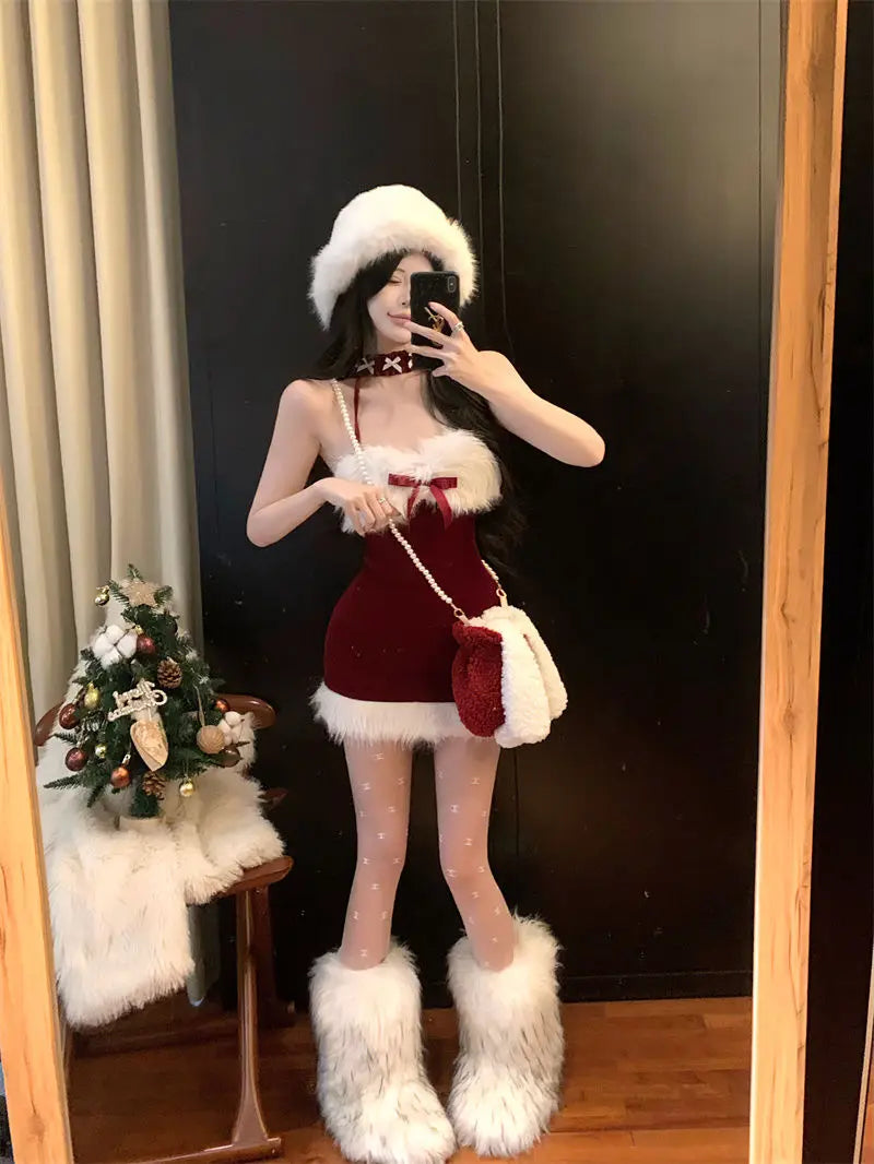 Sweet & Spicy Red Christmas Mini Dress, Hanging Neck Bow, Waist-Defining Furry Bodycon for Winter Inner.