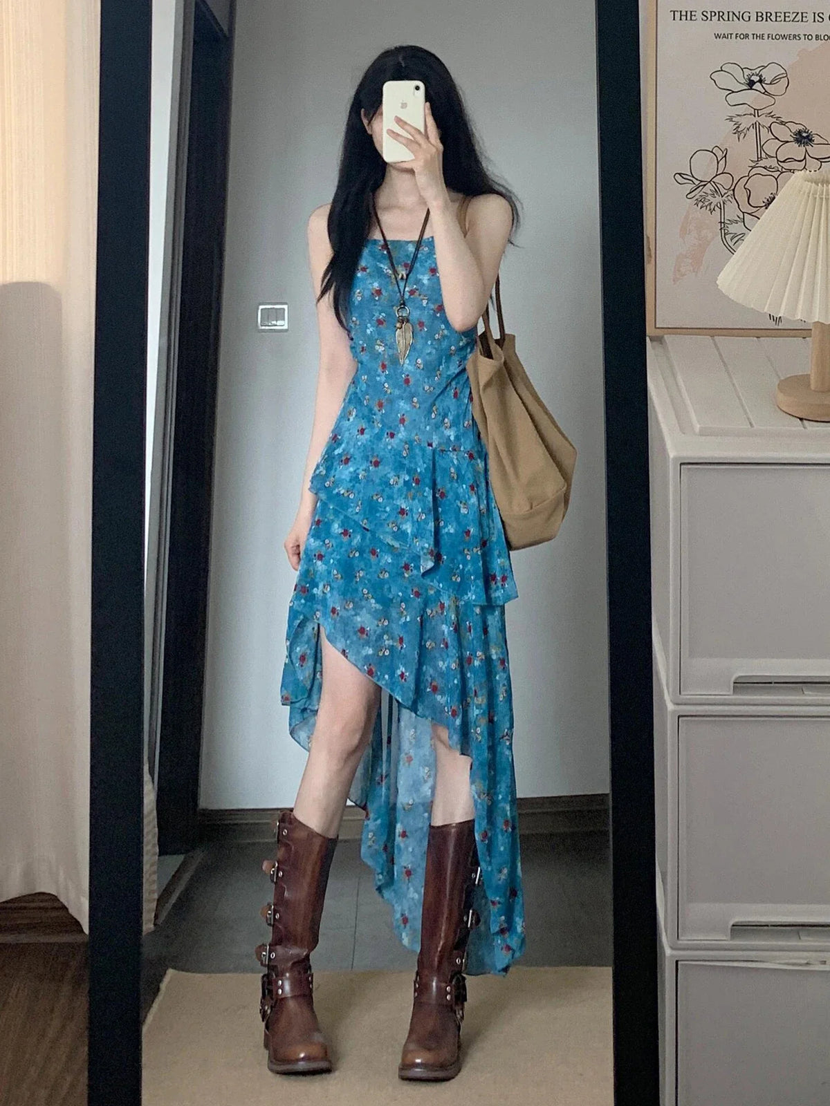 Summer Vacation Floral Print Off-Shoulder A-Line Dress Women's Irregular Hemline Slimming Long Dress Korean Style Casual Wear