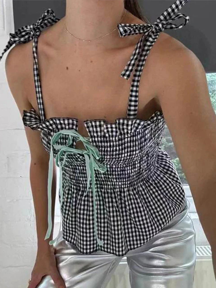 Plaid Bow Lace Up Sling Top Women Casual Ruffles Sleeveless Backless Vest 2024 Summer High Street All-matching Woman Clothes