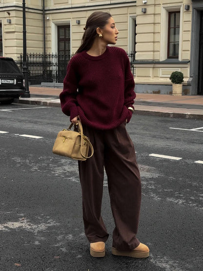 Women's New Wide Leg Pants 100% Cotton Loose Fit Drapey Trendy Waist Autumn Winter Fashion Trousers