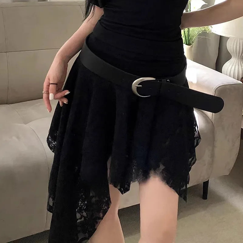 Holiday Solid Color Lace Ruffled Skirt For Women Sexy Low Waist Irregular Mini Skirt Splice Hot Girl Clubs Party Skirt