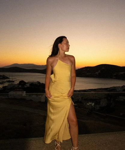 Asymmetric Strap Backless Slit Satin Maxi Dress