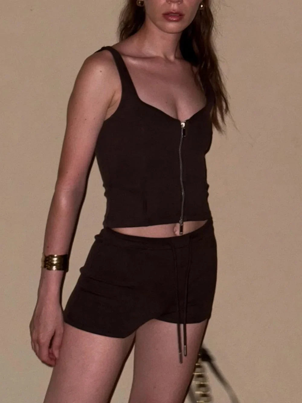 Sexy Fashion Women's Suit Solid Color Backless Zipper Suspender Top Straight Shorts New Summer Beach Party Holiday Suit