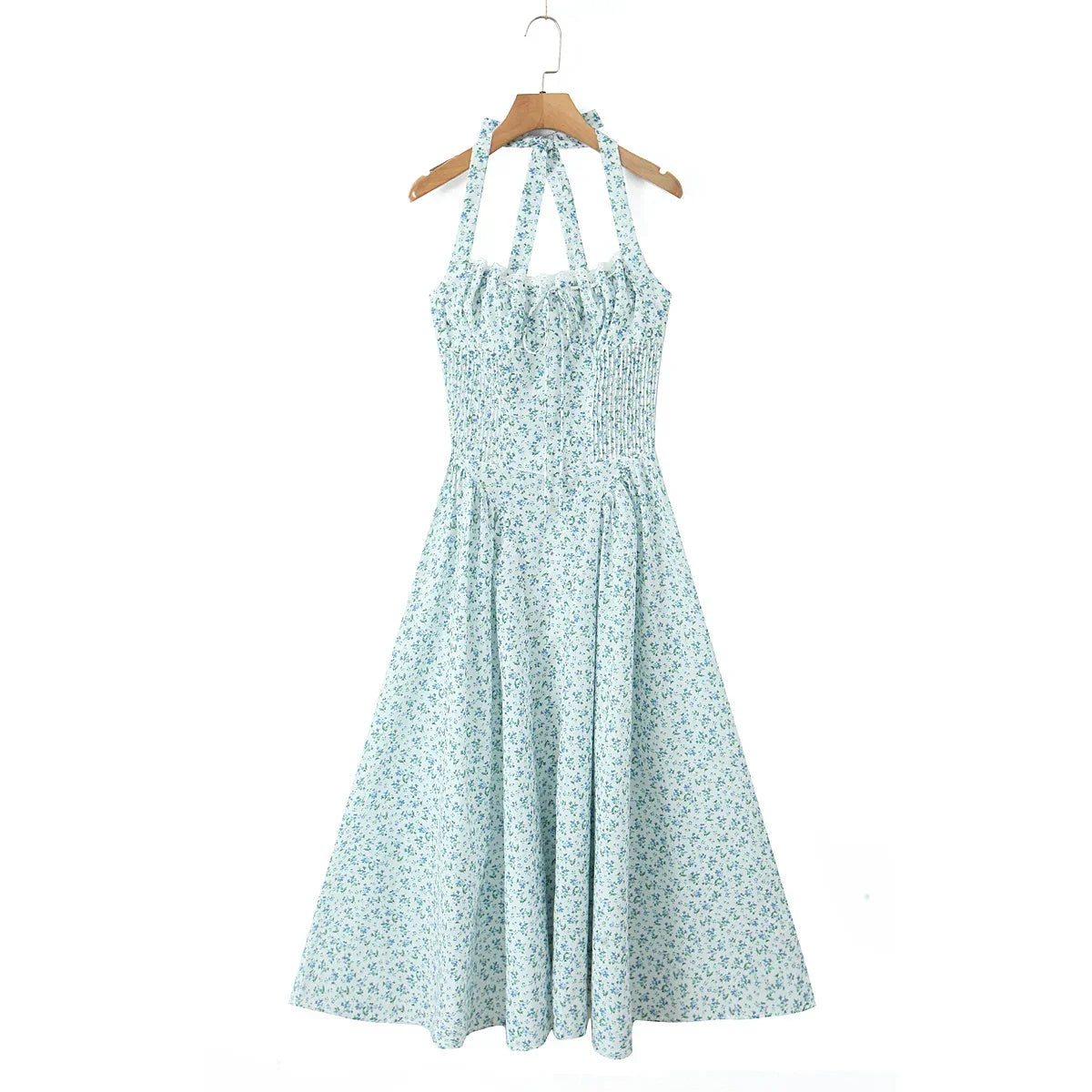 Halter Sweetheart Ruffle Trim Ditsy Floral Fit and Flare Midi Dress