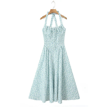 Halter Sweetheart Ruffle Trim Ditsy Floral Fit and Flare Midi Dress