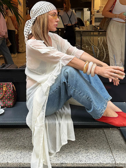Women's Boho Sheer Cover Up Summer Sexy See Through Maxi Cardigan Dresses Holiday Loose Beach Party Club Chiffon Dress