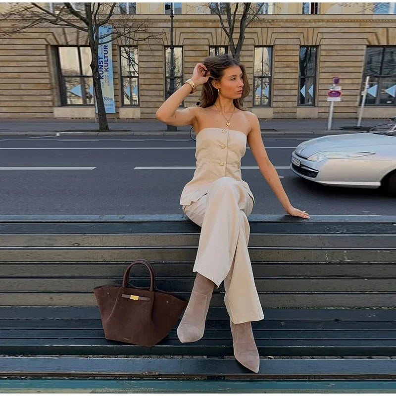 Casual Single Breasted Pants Sets Women Solid Strapless Top High Waist Wide Leg Pant 2025 Spring Summer Lady High Street Outfits