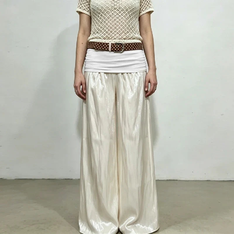 Womens Wide Leg Long Pants Elastic High Rise Fold Over Waist Trousers Loose Fit Casual Palazzo Pants Street Beachwear