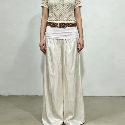 Womens Wide Leg Long Pants Elastic High Rise Fold Over Waist Trousers Loose Fit Casual Palazzo Pants Street Beachwear