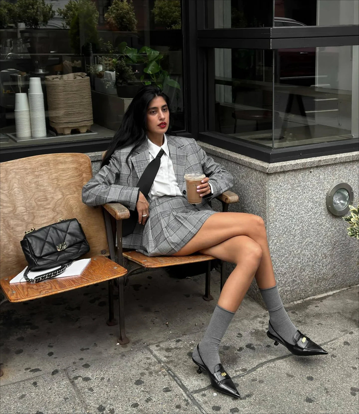 Autumn new women's clothing retro plaid pleated suit 2 piece sets college style winter fashion show versatile suit blazer mujer