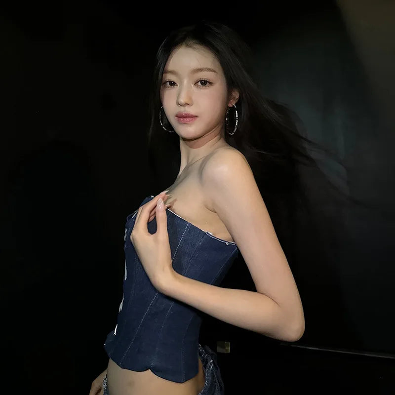 Autumn new women's fashion lace sexy fashion cross strap design Slim denim small vest