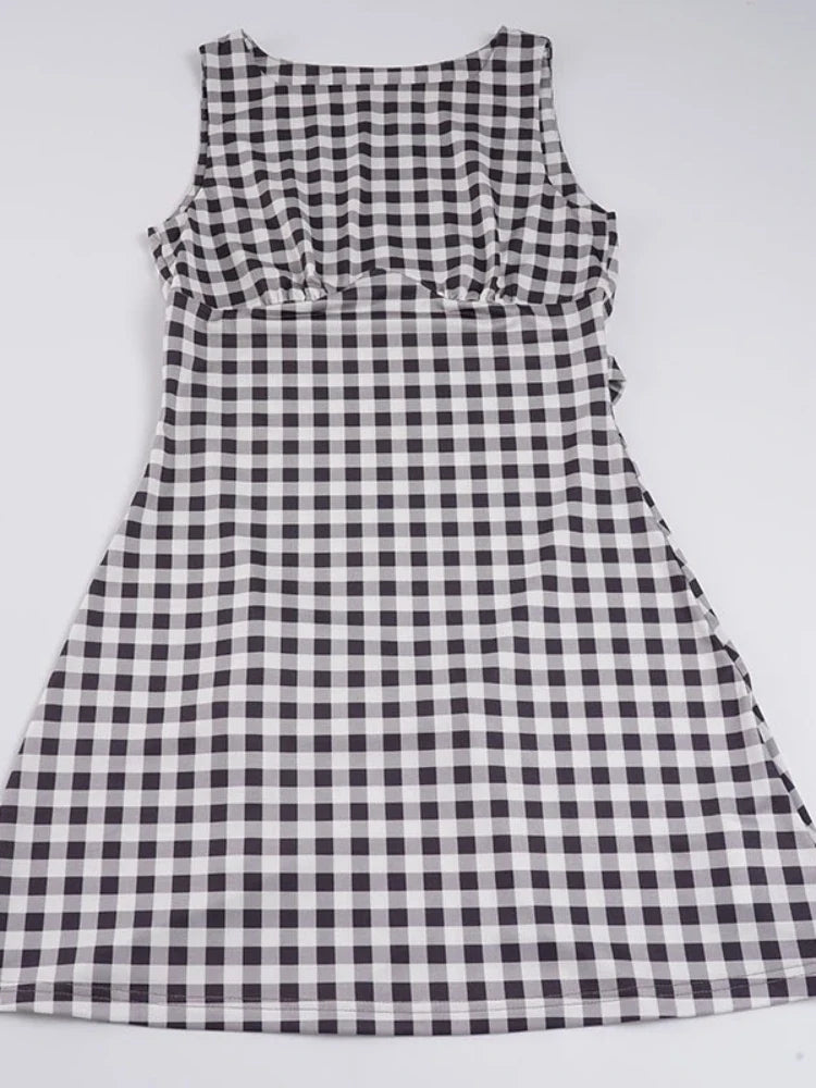 Elegant Women A Line Short Dress Fashion O Neck Plaid Print Sleeveless Tie Waist French Retro Casual Summer Mini Dress