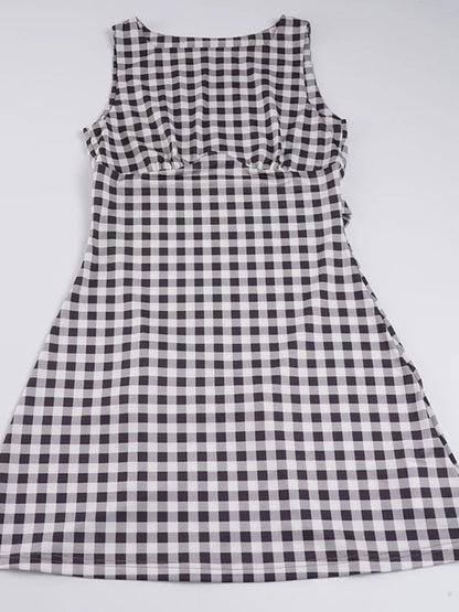 Elegant Women A Line Short Dress Fashion O Neck Plaid Print Sleeveless Tie Waist French Retro Casual Summer Mini Dress