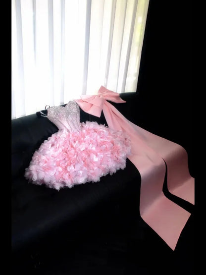 Pink Off-Shoulder Big Bow Short Ball Gown for Women Girl Elegant 3D Flowers Prom Evening Dress Sexy Mini Party Birthday Dresses