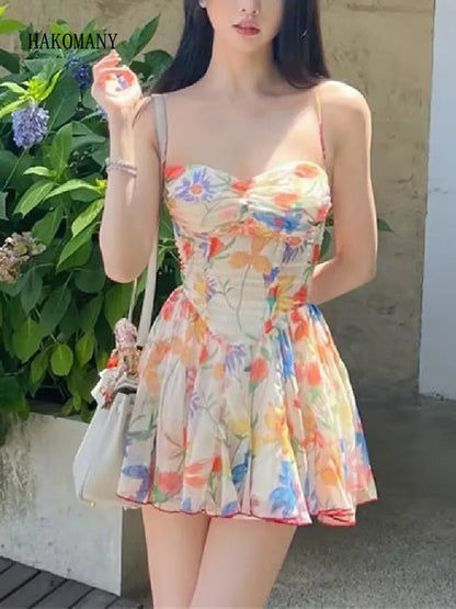 Women Party Skater Short Sling Robe Vestido Sexy Orange Flower Print Ruched Chest Corset style Spaghetti Strap Mini Dress