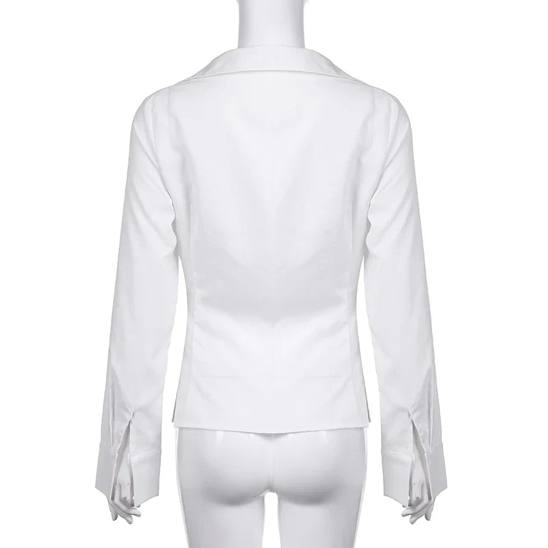 Ruffles Bandage Blouses Sexy Long Sleeve Slim Fit Casual Women Shirts Elegant Designed All-matched White Autumn Blouses