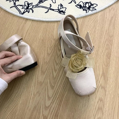 New Fashion Flower Square Toe Shallow Shoes Women Buckle Vintage Suede Autumn Women's Party Comfort Ballerinas Shoes