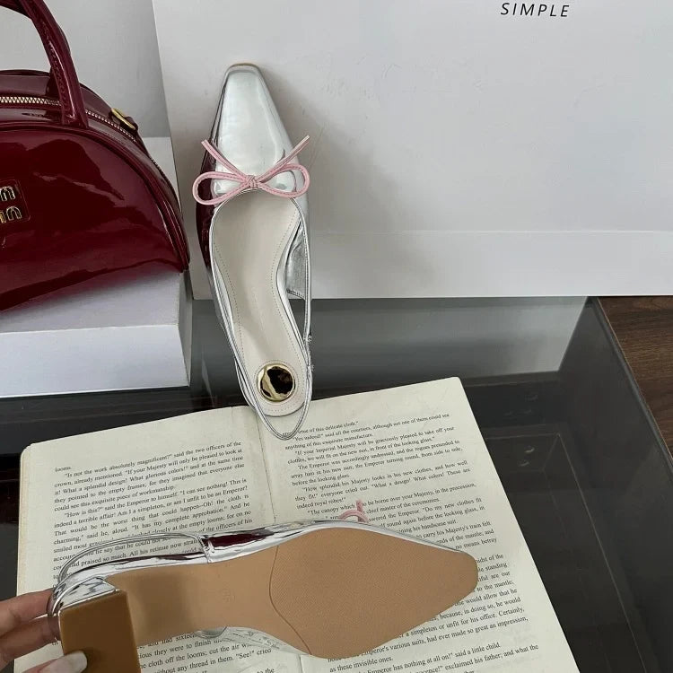 Women's Shoes Silver Block Heels Closed Toe Sandals Shallow Mouth 2025 Summer Chunky Bow Open Retro Pointed Girls New Butterfly-