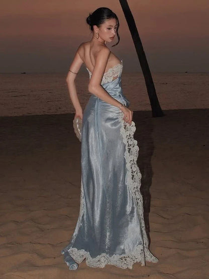 Lace Patchwork Long Dress Woman Sexy Wrap Chest Backless Metal Decoration Irregular Hem Midnight Prom Party Gown Vestidos