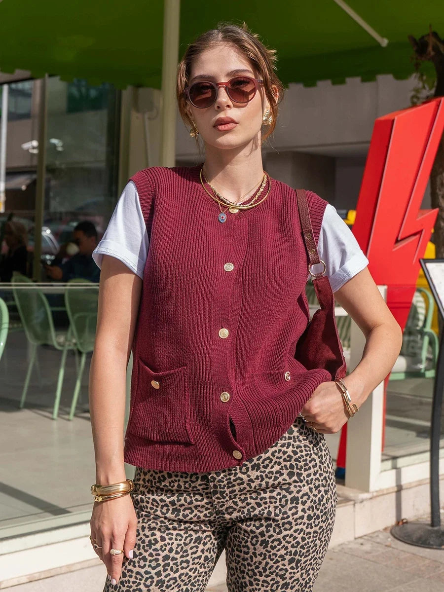 Pocket Solid Cardigan Vest Women O Neck Single Breasted Sleeveless Knit Waistcoat 2025 New Simple Casual Fashion Sweater Jacket
