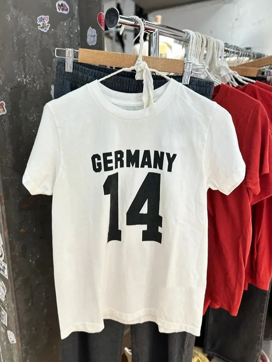 NO.14 Print Slim Navy T-shirts Women New Cotton Casual O-neck Short Sleeve Tees Girl American Vintage Streetwear Tshirt Y2K Tops