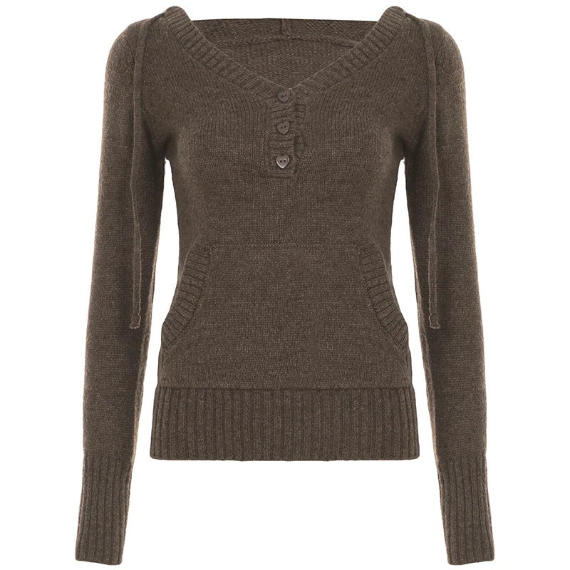 Y2K Brown V-neck Hooded Sweater Vintage Basic Slim Button Up Knitted Pullovers Autumn Casual Streetwear Outfits Lady