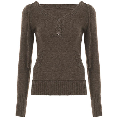 Y2K Brown V-neck Hooded Sweater Vintage Basic Slim Button Up Knitted Pullovers Autumn Casual Streetwear Outfits Lady