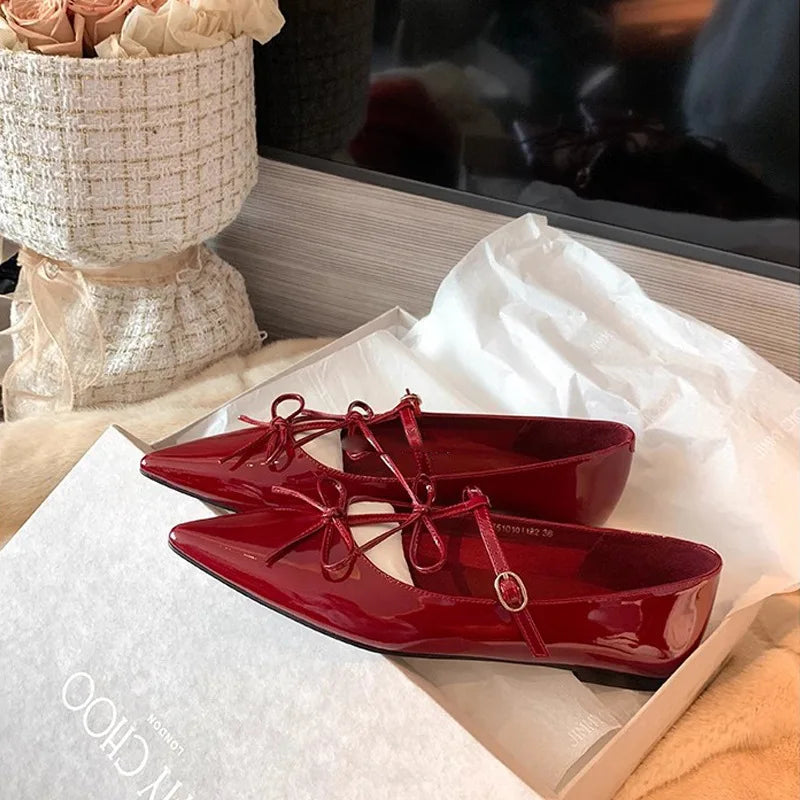 T-strap Pointed Toe Flats Shoes Women Bowtie Buckle Strap PU Leather Elegant Red Mary Janes Shoes Ladies Party Black Pumps 2025